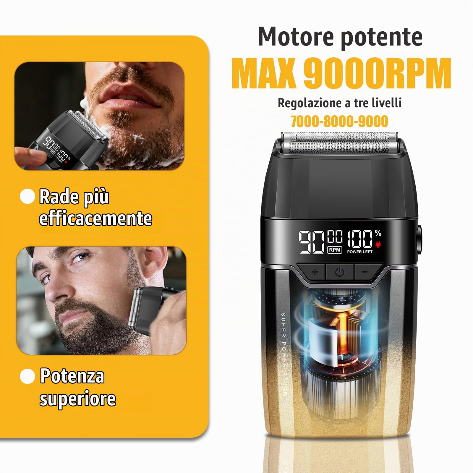 VGR 308 Rasoio Elettrico Barba Professionale Senza Fili, Foil Shaver con Lama a Doppio Strato in Titanio Floating E Motore da 9000RPM, Rasoio Barba Elettrico con Display LED, Ricarica USB, Oro