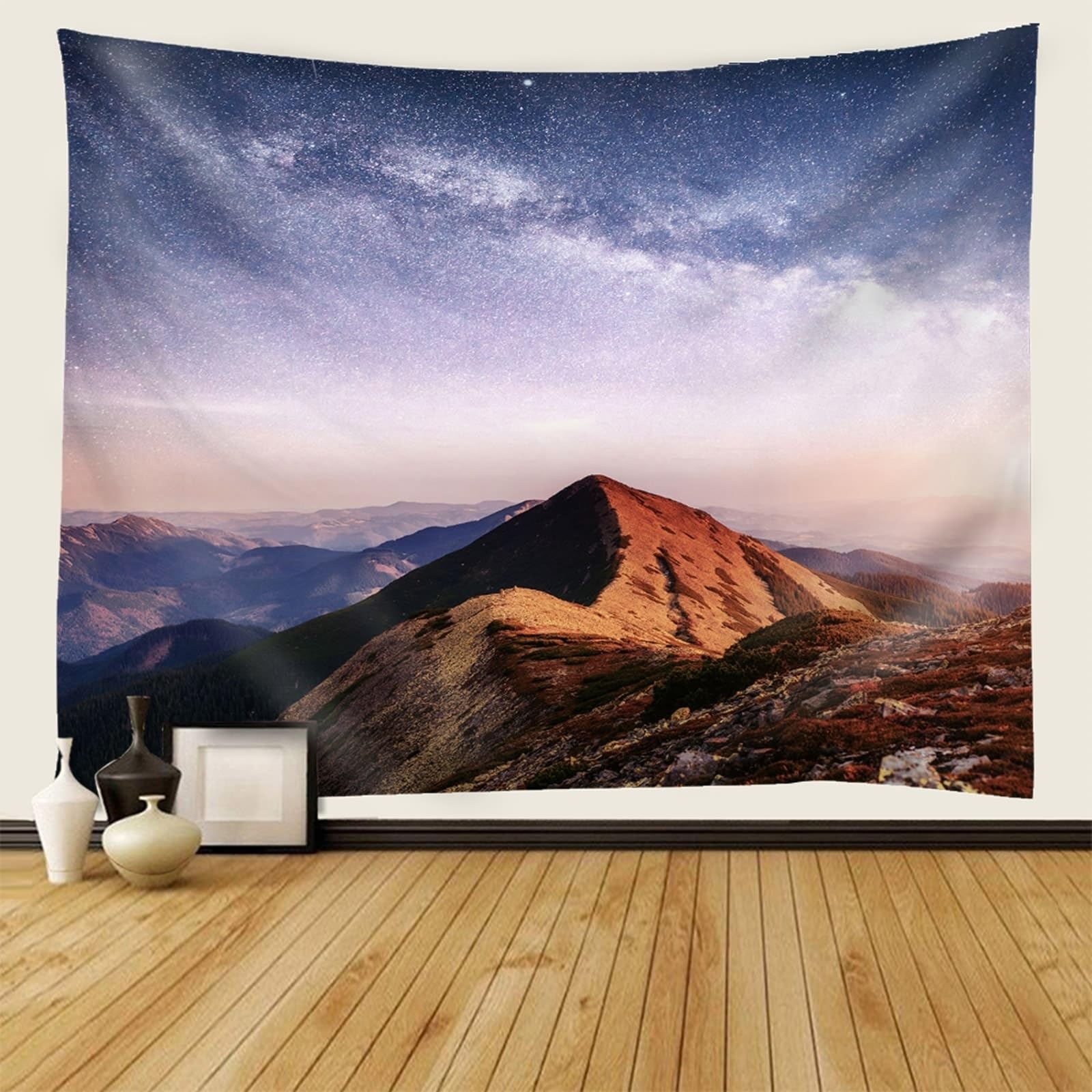 Tapiz natural para recámara, poliéster, multicolor cielo estrellado y paisaje de montaña, 240 x 220 cm