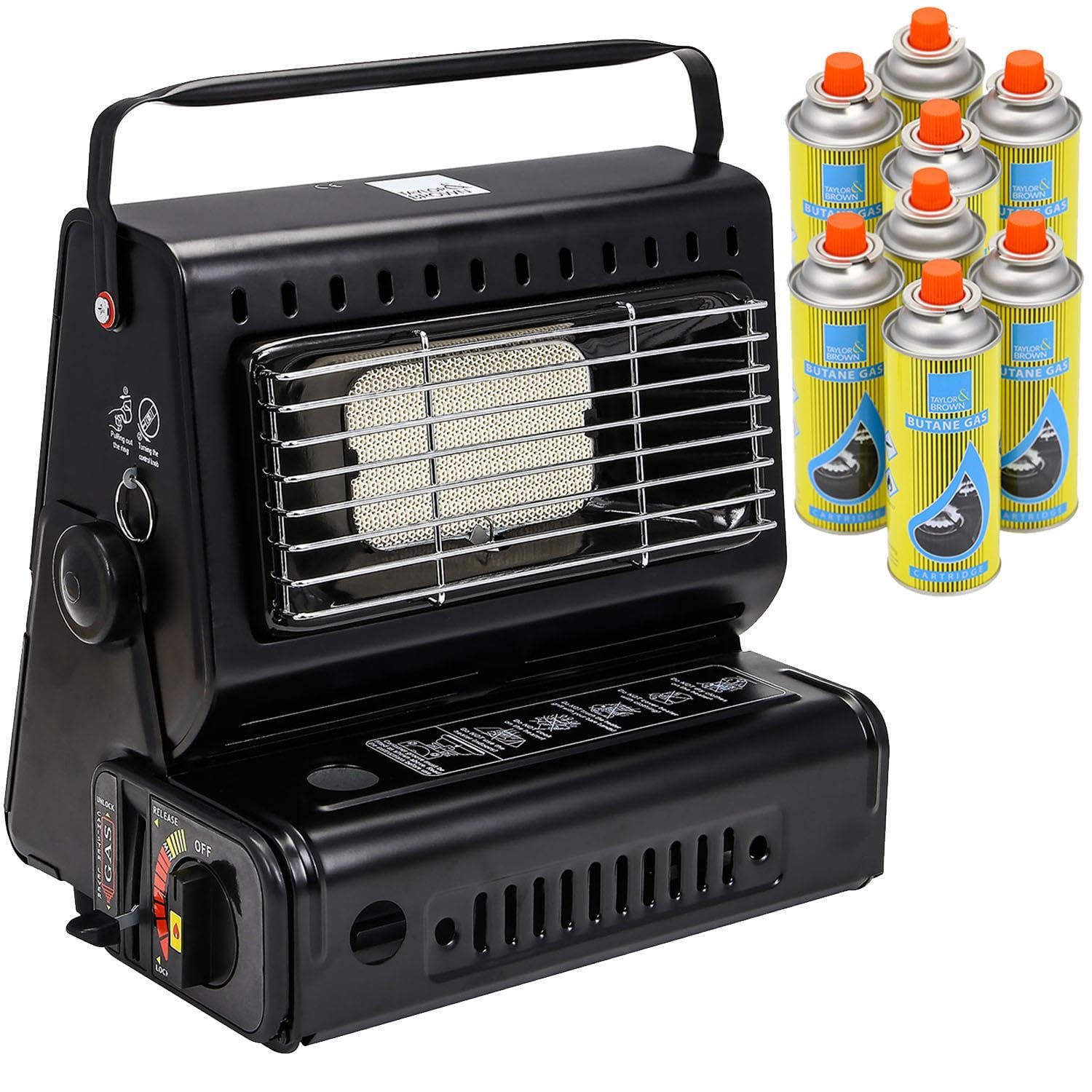 Greenfields Outdoor Gas Heater with 8 Canisters, Portable 1.3kW Camping Heater with Ceramic Burner, Compact Lightweight, Auto Ignition Safety Grill for Patio Garden Caravan, Black