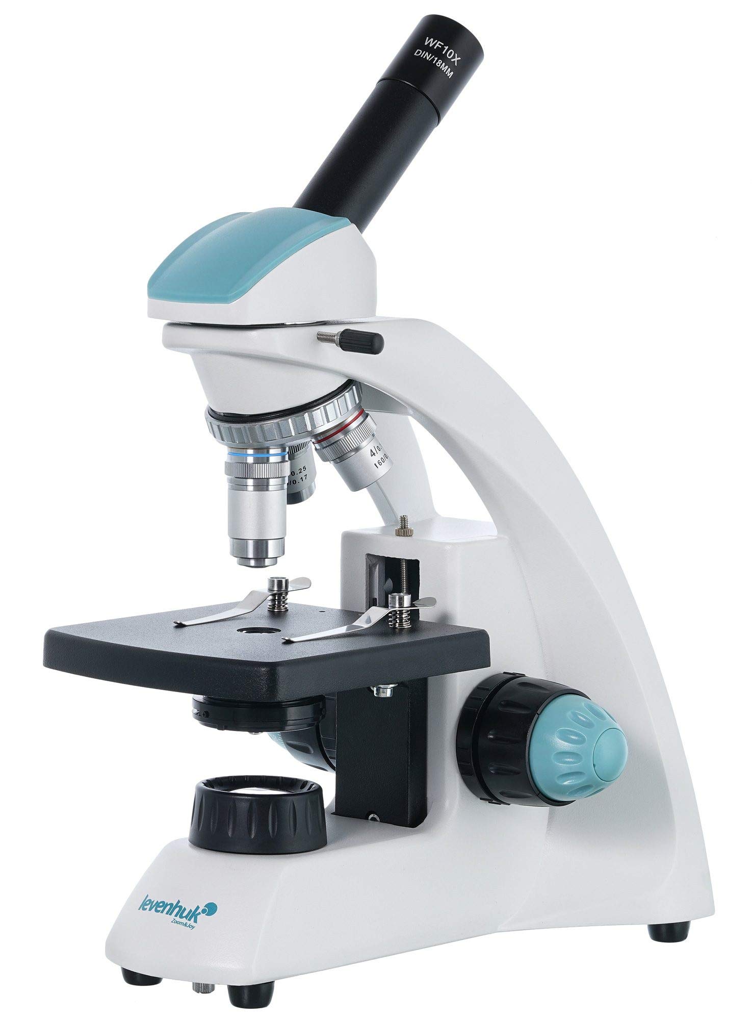 Levenhuk 500M Microscopio Monocular Compuesto Biológico, con Rango de Ampliación de 40x–400x, Luz Halógena, Lente Colectora y 3 Filtros de Color Incluidos en el Kit