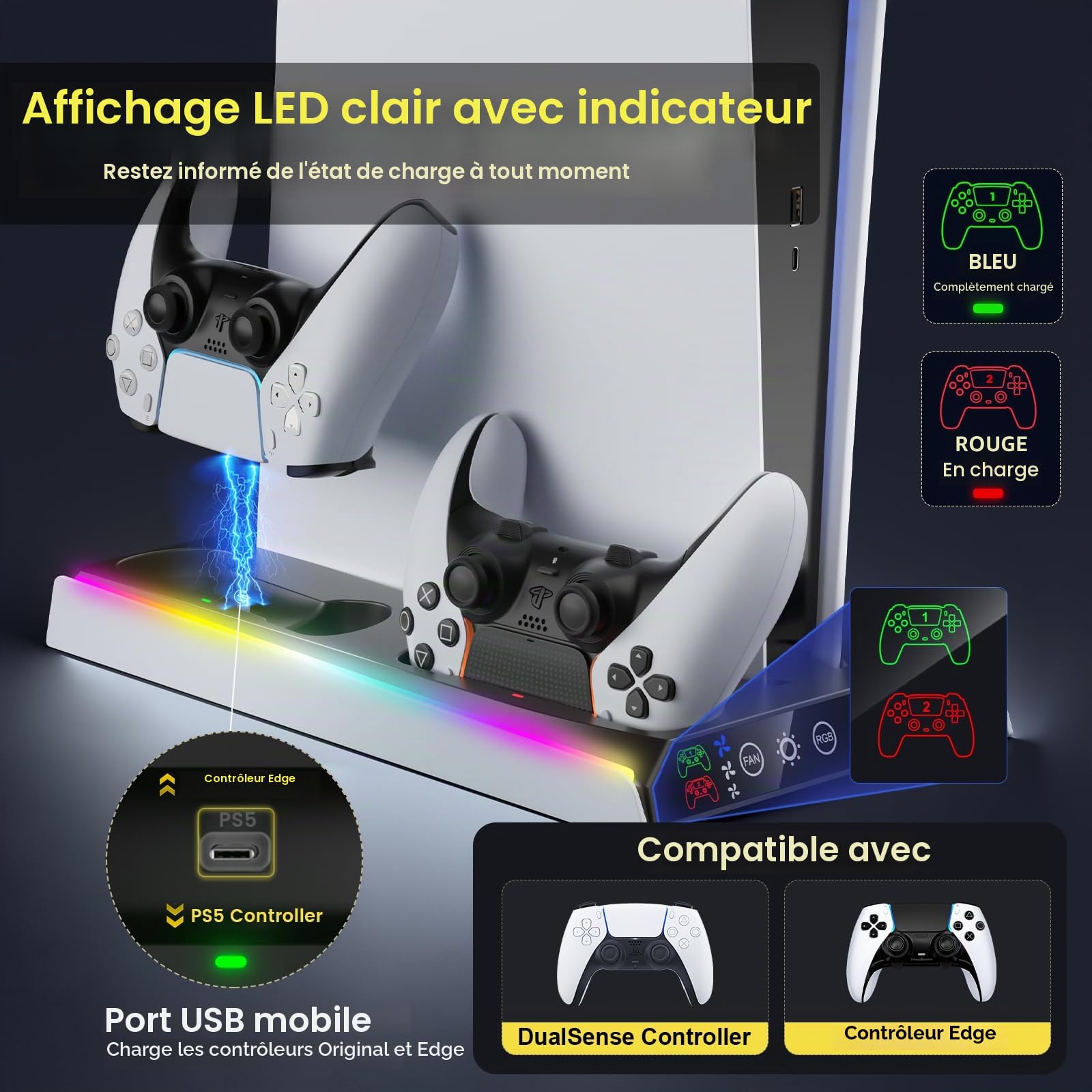 Fenolical Support PS5/Slim/Pro avec Ventilateur de Refroidissement réglable, Support de Chargeur de Refroidissement Vertical PS5 pour PS5/Slim/Pro, Station de Refroidissement Façades, Protections
