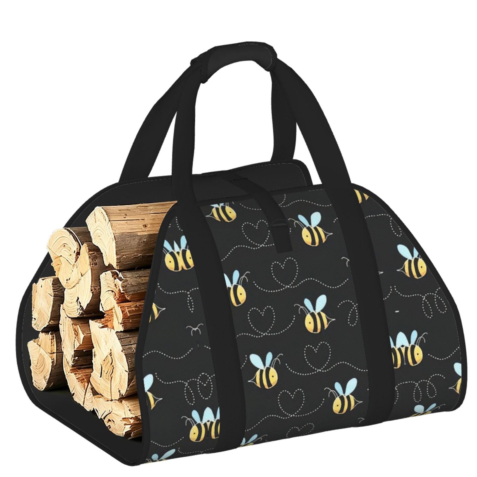 Bumble Bees Printed Firewood Carrier Bag, Log Tote with Open-Ended Design for Camping Outdoor Wood Hauling
