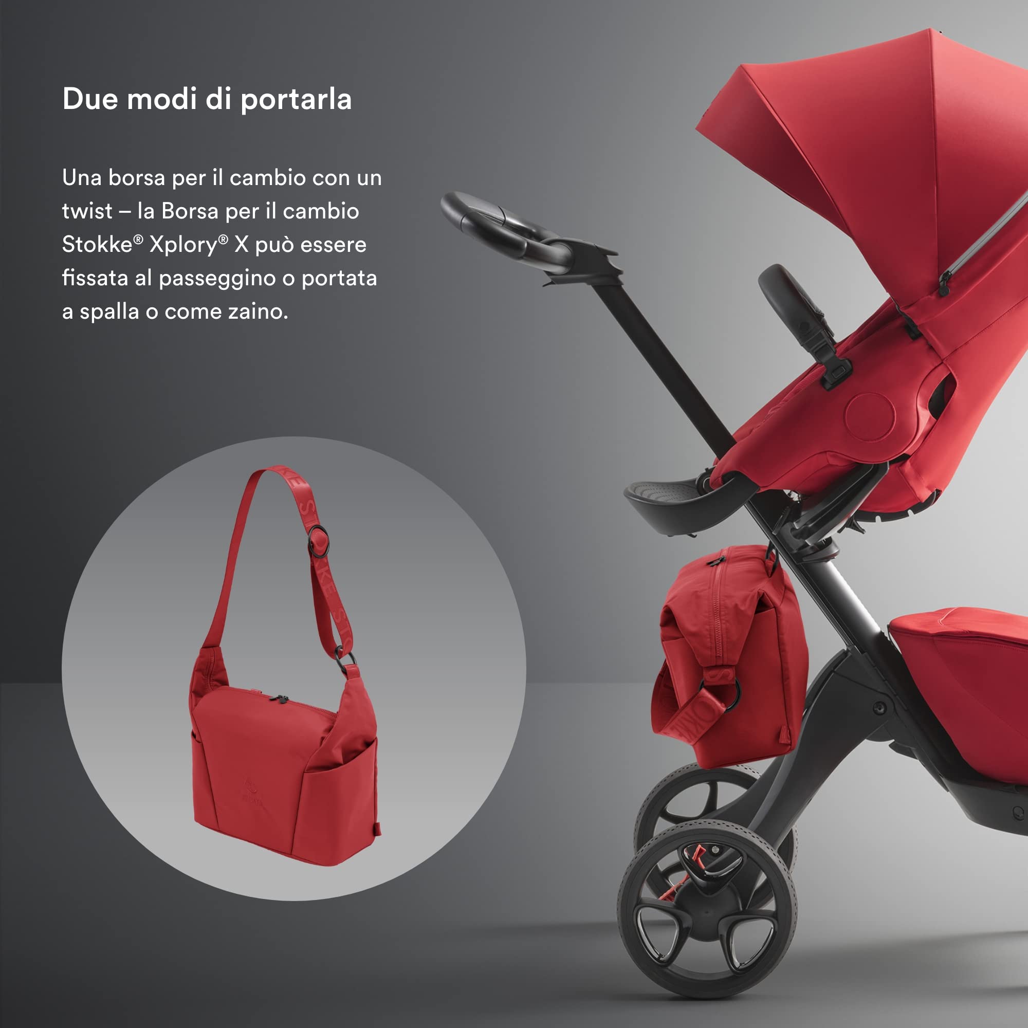 Stokke Borsa per il cambio Xplory X, Ruby Red - Può essere portata a spalla o come zaino - Include un materassino per il cambio pieghevole - UPF 50+, Idrorepellente, Facile da pulire