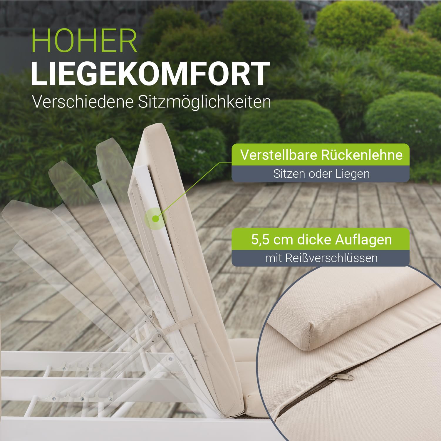 Juskys Doppel Loungebett Kreta - Gartenliege für 2 Personen - Dach & Rückenlehne verstellbar - Sonnenliege für Terrasse, Garten & Balkon - Liege Weiß