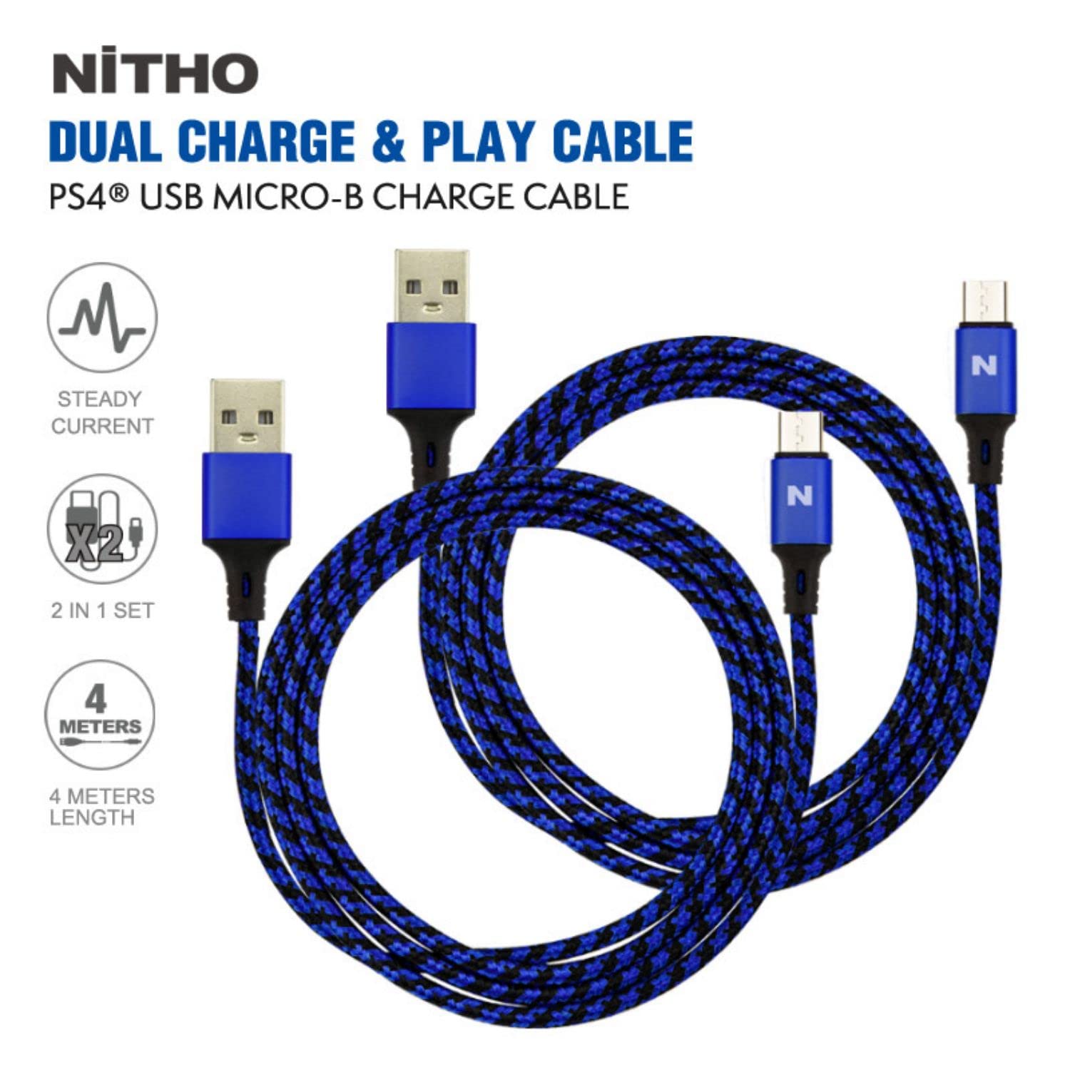 Image secondaire de Câble Micro USB Tressé NITHO - Lot de 2, 4M, Charge Rapide pour PS4 et Xbox One - Bleu
