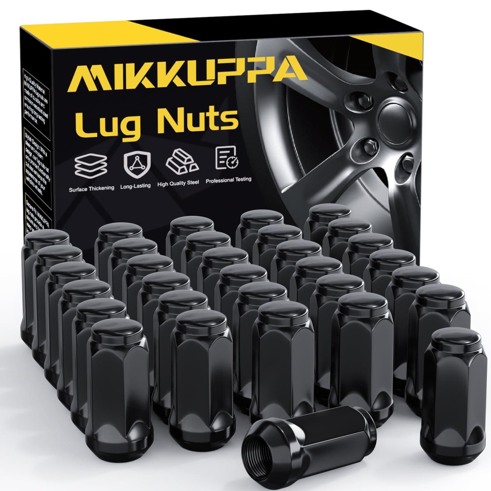MIKKUPPA M14x1.5 Lug Nuts with Cone Seat 19mm (3/4") Hex Wheel Lug Nuts Compatible with Chevrolet Silverado Suburban 1500 Ford Expedition F-150 Ram 1500 &amp; More (32, Black)