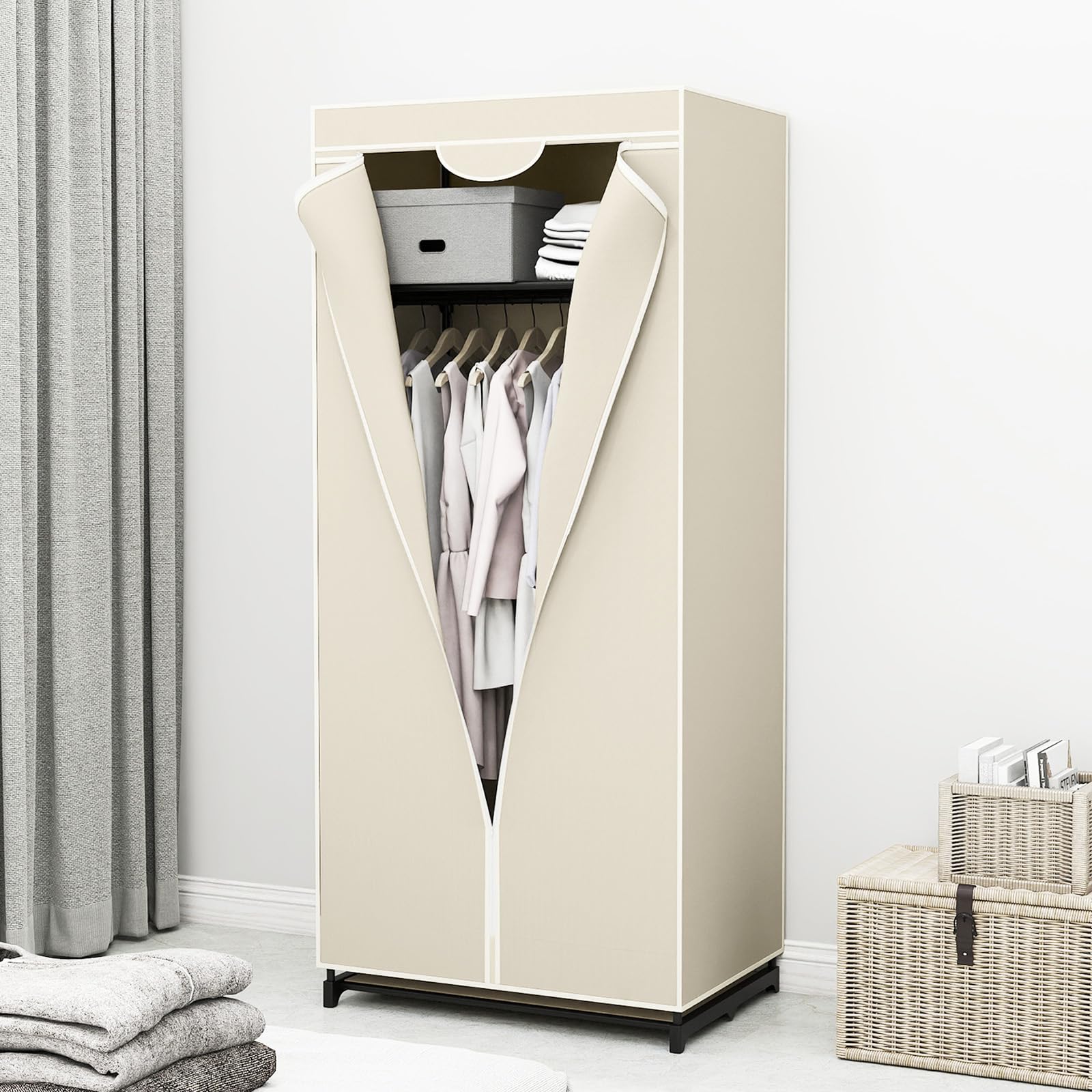 Multigot Fabric Wardrobe, Portable Single Clothing Closet with Hanging Rail and Zippers, Foldable Clothes Storage Organizer for Clothes, Bags and Toys (Beige)