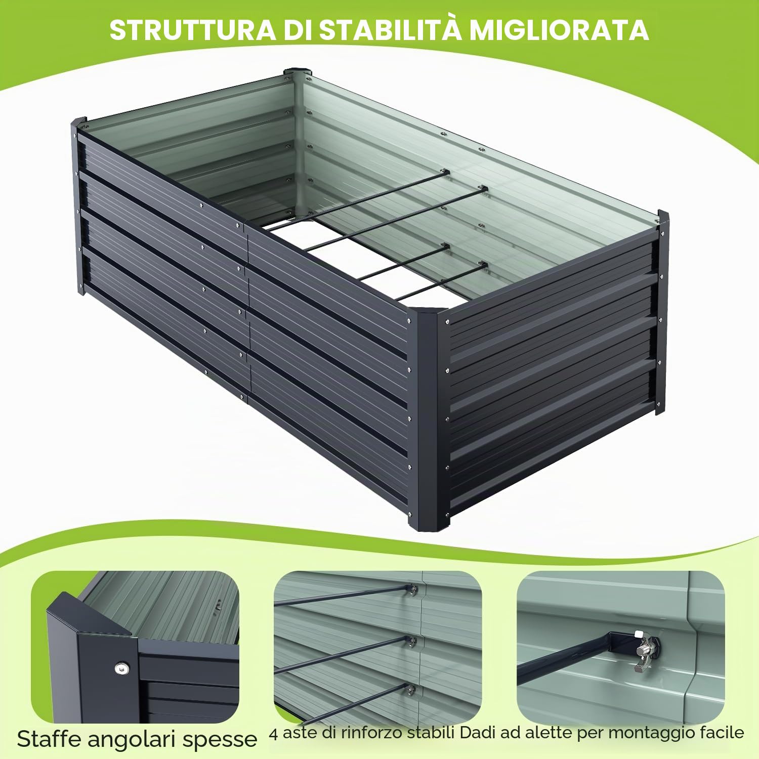 Ohuhu Fioriera Rialzata per Esterno, Cassetta da Giardino in Acciaio Rivestito Rinforzato 180x90x45 cm, Letto da Giardino in Metallo Rivestito Antiruggine per Verdure, Fiori e Sukkulent Grigio