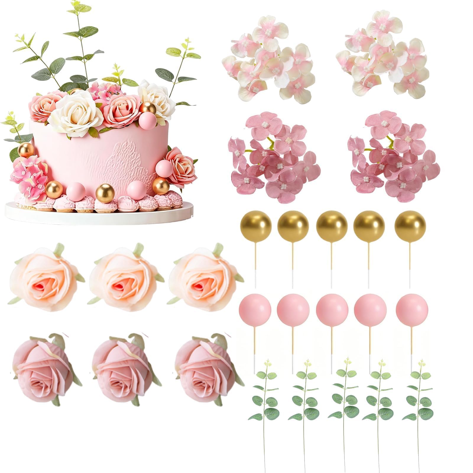 25 Pcs Flower Cake Decorations, Pink Cake Flower Decorations, Cake Toppers