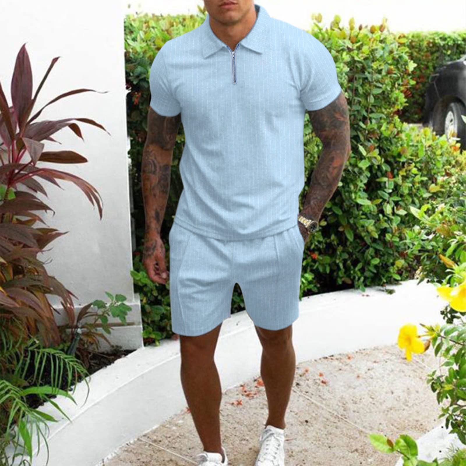 Tuta da uomo per il tempo libero, slim fit, da lavoro, con polo e pantaloncini, set estivo, tinta unita, classica, morbida, confortevole, per attività all'aperto, sport, per tutti i giorni e