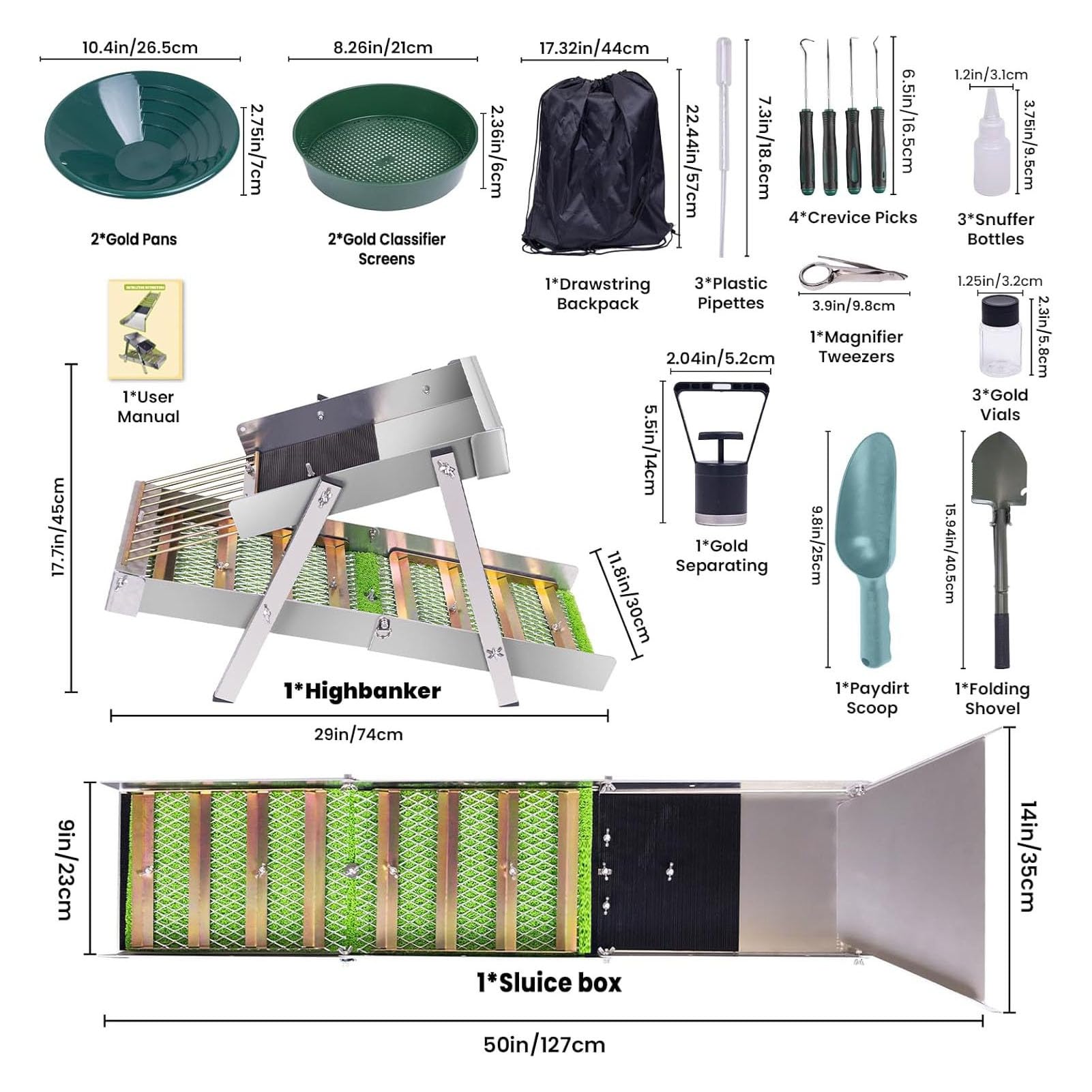 Fockety Kit Completo de 30 Pezzi per Ripiano in Oro con 50 "Sluice Box Pieghevole in Lega di Alluminio, Attrezzatura per Prospezione D'oro per L'estrazione Dell'oro per Fiume