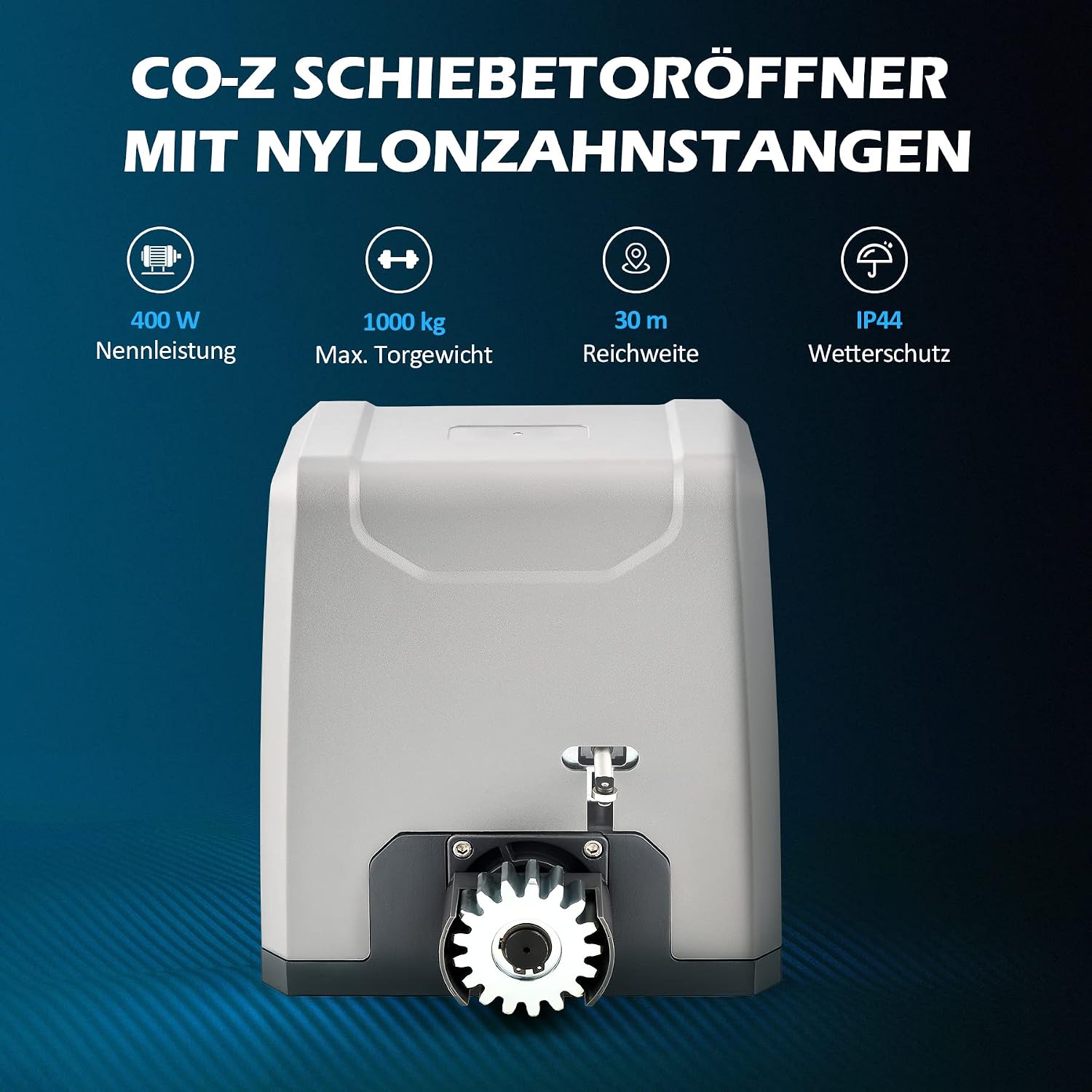 CO-Z Sliding Gate Opener with key features: 400W rated power, 1000kg max gate weight, 30m range, IP44 weather protection.