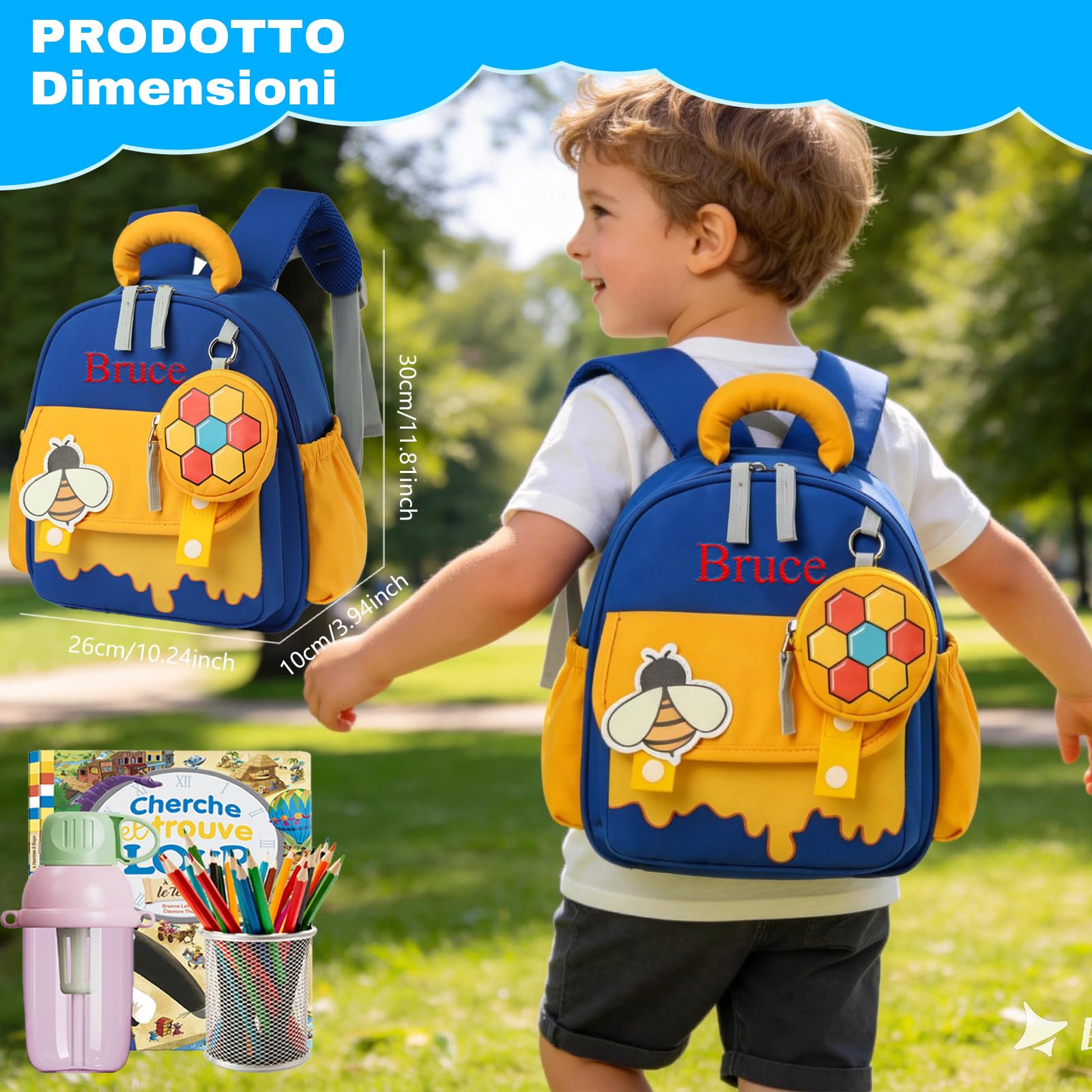 Generico Zaino personalizzato con nome ricamato per bambini, zaino asilo nido e materna, leggero e pratico per maschi e femmine, idea regalo originale per compleanno e rientro a scuola (Le api)