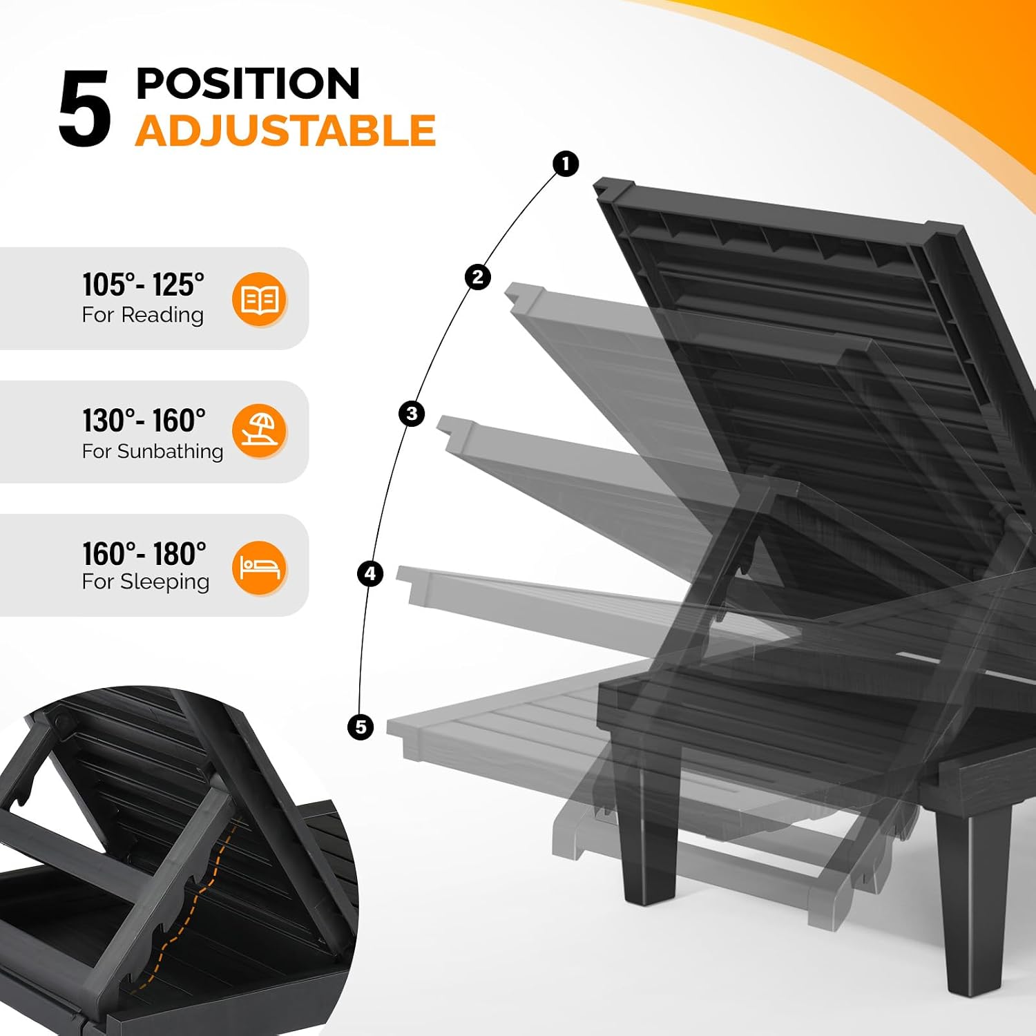 VINGLI Outdoor Chaise Lounge Chair Set of 2, Waterproof Outdoor Lounge Chair with 5-Level Adjustable Backrest, Patio Chaise Lounges for Garden, Pool, Beach Patio Deck Sunbathing (Black, 2 PCS)