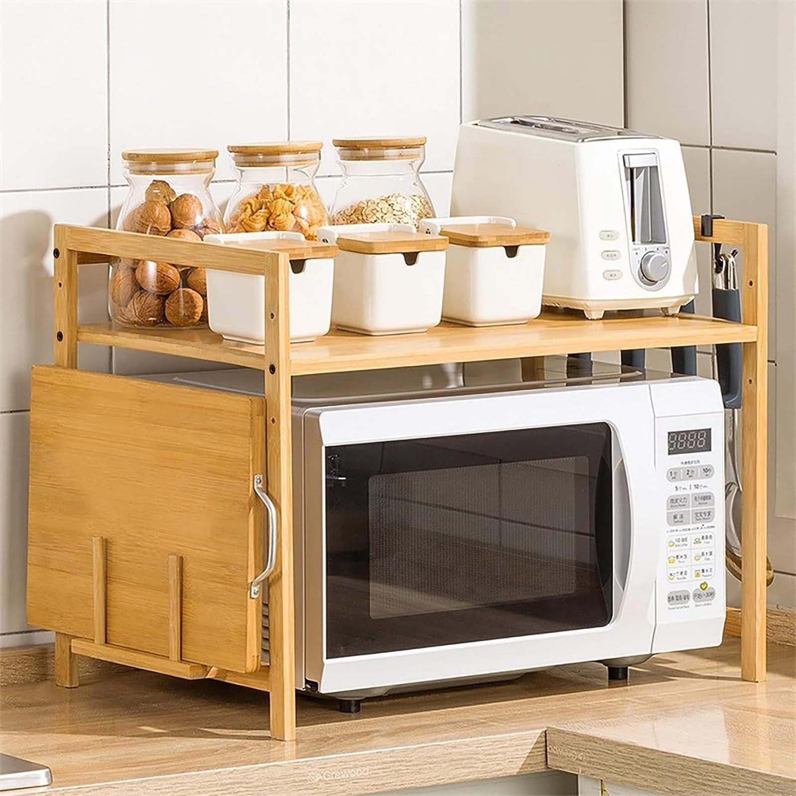 Regulowany 2-poziomowy bambusowy stojak na kuchenkę mikrofalową – stabilne przechowywanie w kuchni z 4 haczykami i uchwytem na deskę do krojenia do nizacji blatu (56 x 35 x 43 cm)