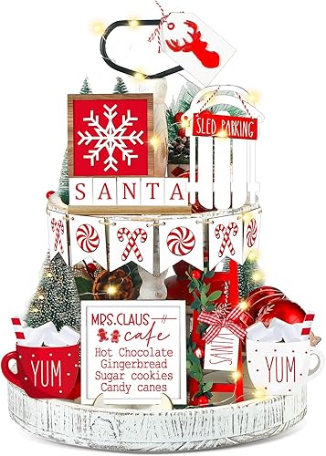 Sumind 15 piezas de decoración de bandeja escalonada de invierno, letreros de mesa de madera de alce, copo de nieve, decoración de la casa con