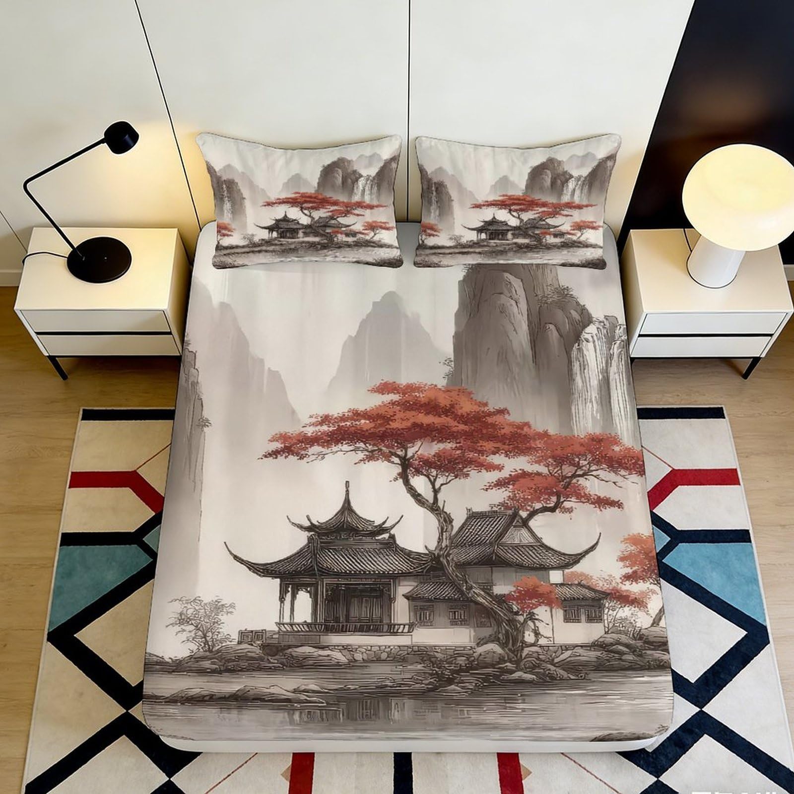 K1r3d9e5 Style-2 3D Printed Chinese Landscape Fitted Sheet Microfiber Soft Breathable Red Maple Pagoda Mattress Cover For Bedroom Dorm Decor 90X200x25cm