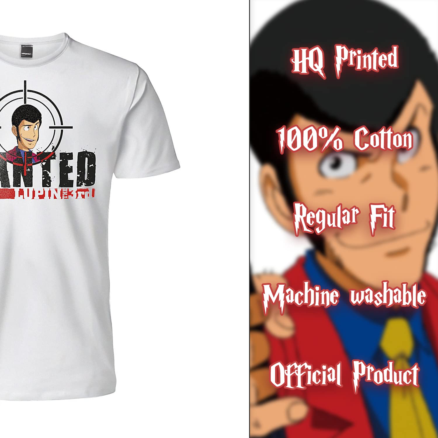 T Shirt Lupin III Wanted. Koszulka z krótkim rękawem w 100% bawełna. Biała koszulka Unisex. Dorosły Chłopiec.