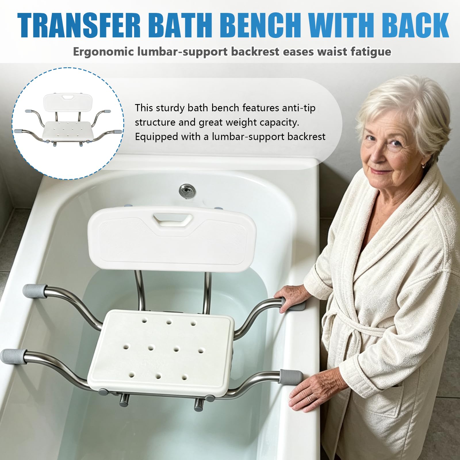 Asiento Bañera Adulto, Silla de Ducha con Respaldo Ajustable Mayores | Taburete Baño Antideslizante Con pasamanos 76-86 cm Regulable Soporta 150 kg Acero Inoxidable