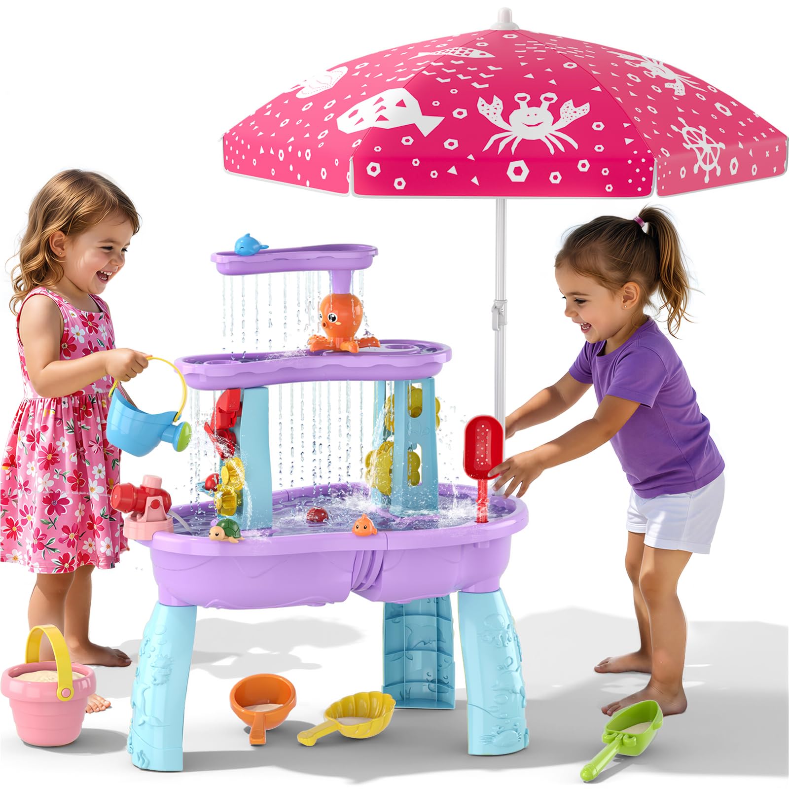 Wee Wonders 3-Tier Water Table for Toddlers, Kids Sand Water Table with Adjustable Umbrella, Sand Toys & Fishing Game, Sensory Table Activity Playset for Outdoor Beach, Summer Toys for Girls Boys 3-5 - 1