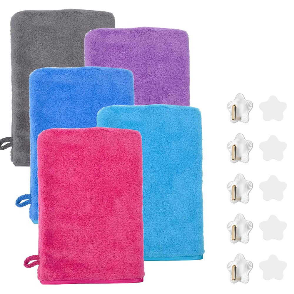 5 Manoplas de Baño para Ducha con 5 Ganchos de Baño Adhesivos Manoplas de Toalla para Baños de Franela Suave para Bebé Niño Adultos Mascotas Guantes de Baños para Ducharse Lavarse