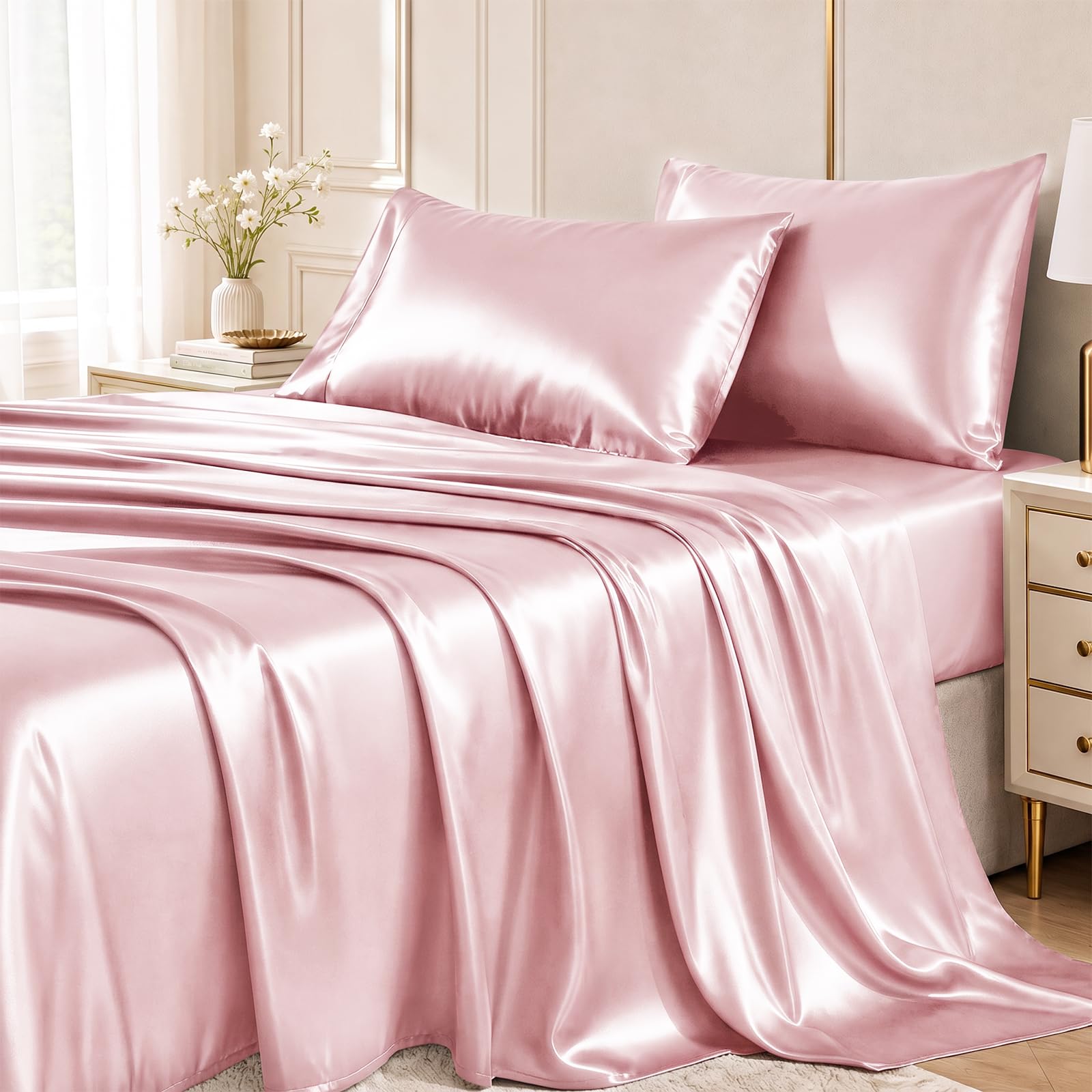 CozyLux Satin Sheets Full, 4-Piece 14-Inch Deep Pocket Sheet Set