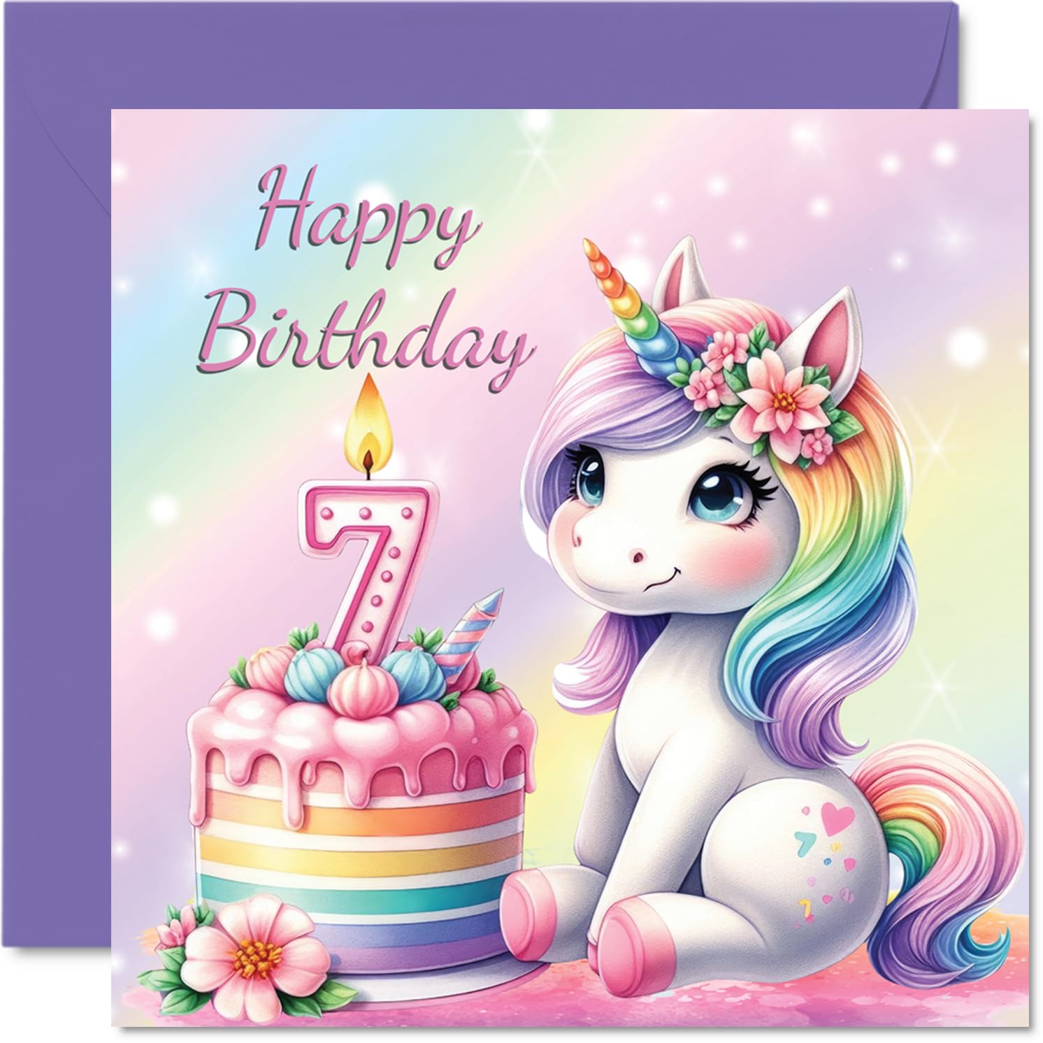 7th Birthday Cards for Girls, Unicorn Cake