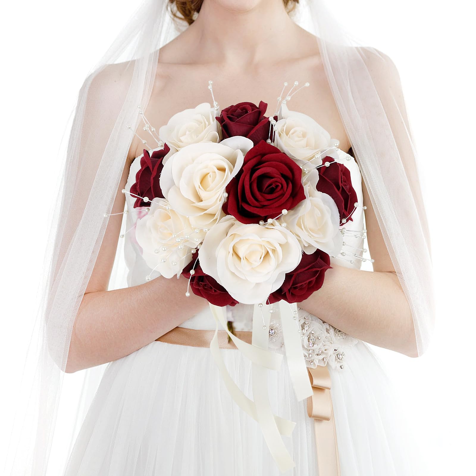 HOMENERGY Wedding Bouquets for Bride - Artificial Bridal Flowers Bouquet with Fake Peals Pre-Made Fake Rose Bridesmaid Bouquet for Wedding