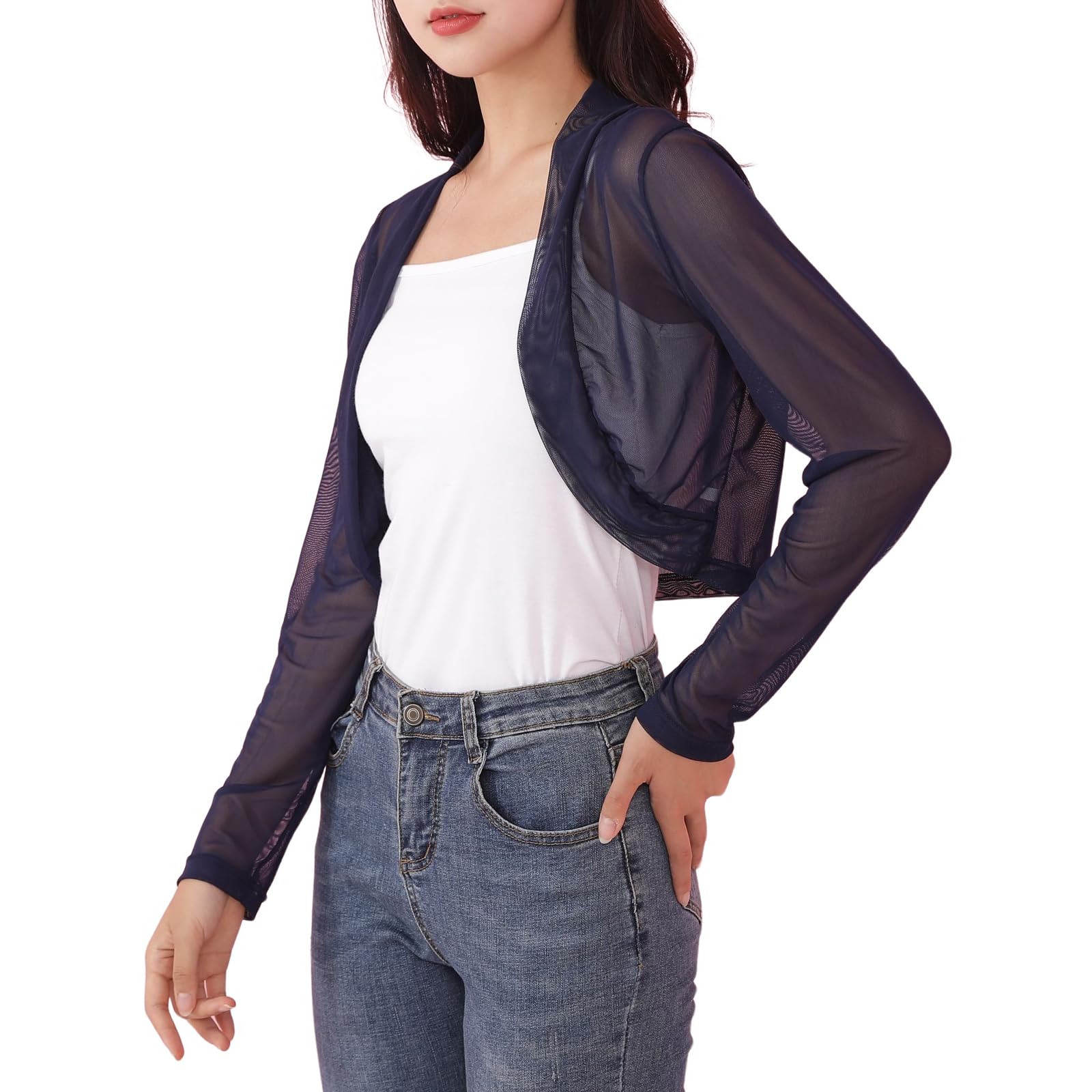 Women Juniors Sheer Bolero Chiffon Shrug Long Sleeve (Black, S)