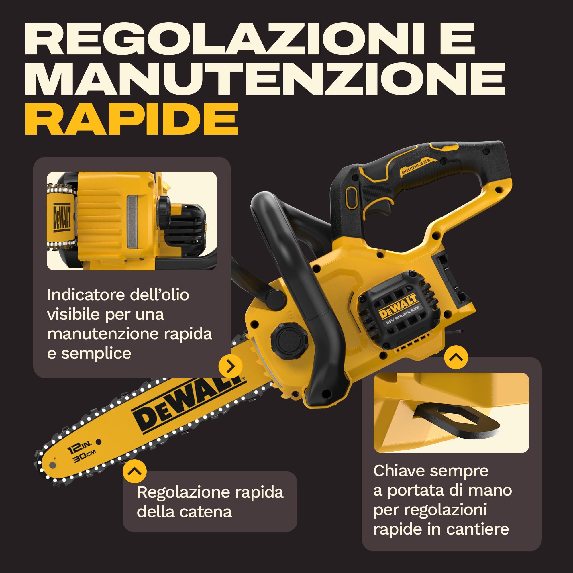 DEWALT Motosega compatta senza spazzole 18V XR 30cm, Solo utensile, DCMCS565N-XJ
