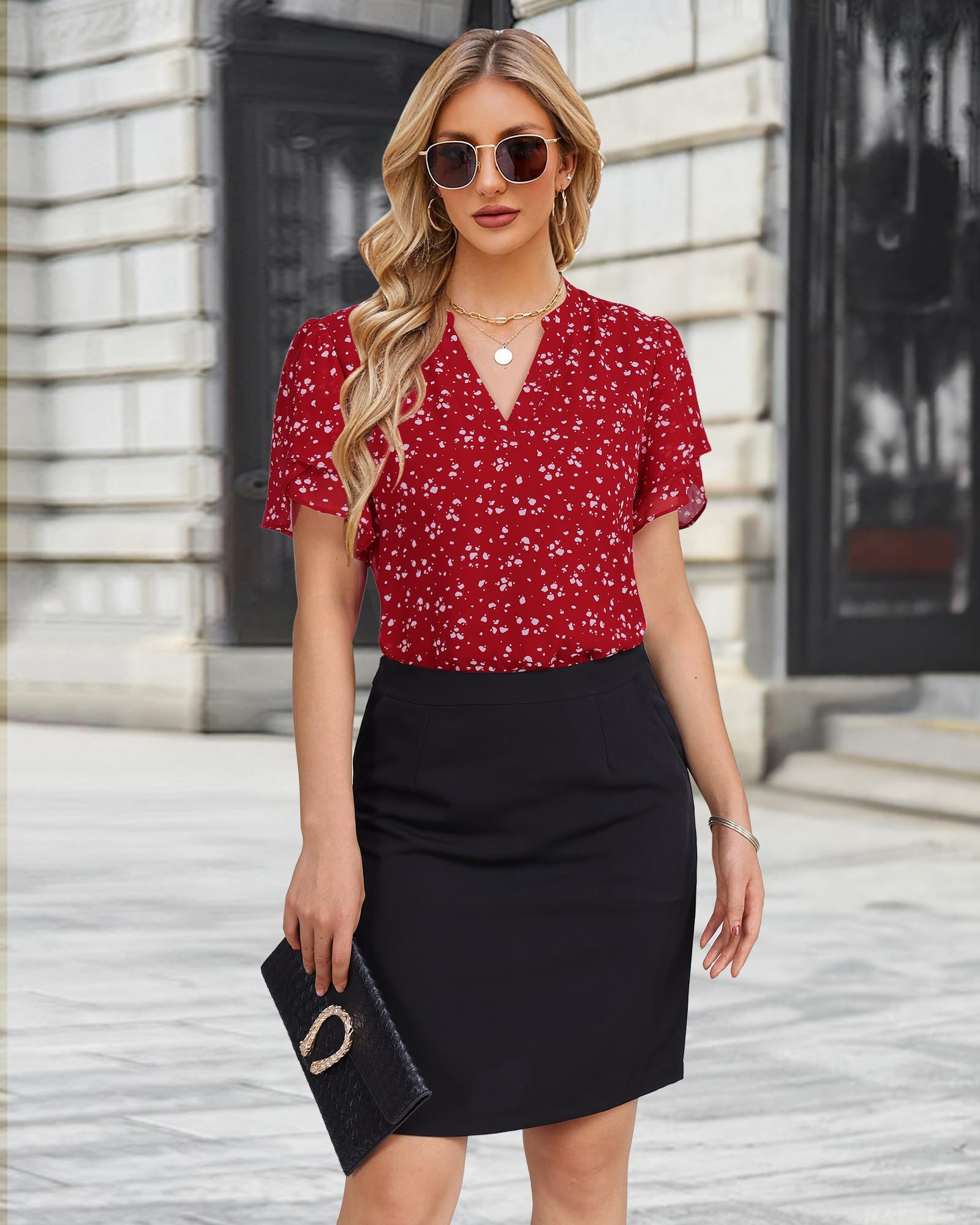 Lotusmile Womens Dressy Chiffon Blouses Summer Puff Petal Short Sleeve Shirts V Neck Casual Work Tops