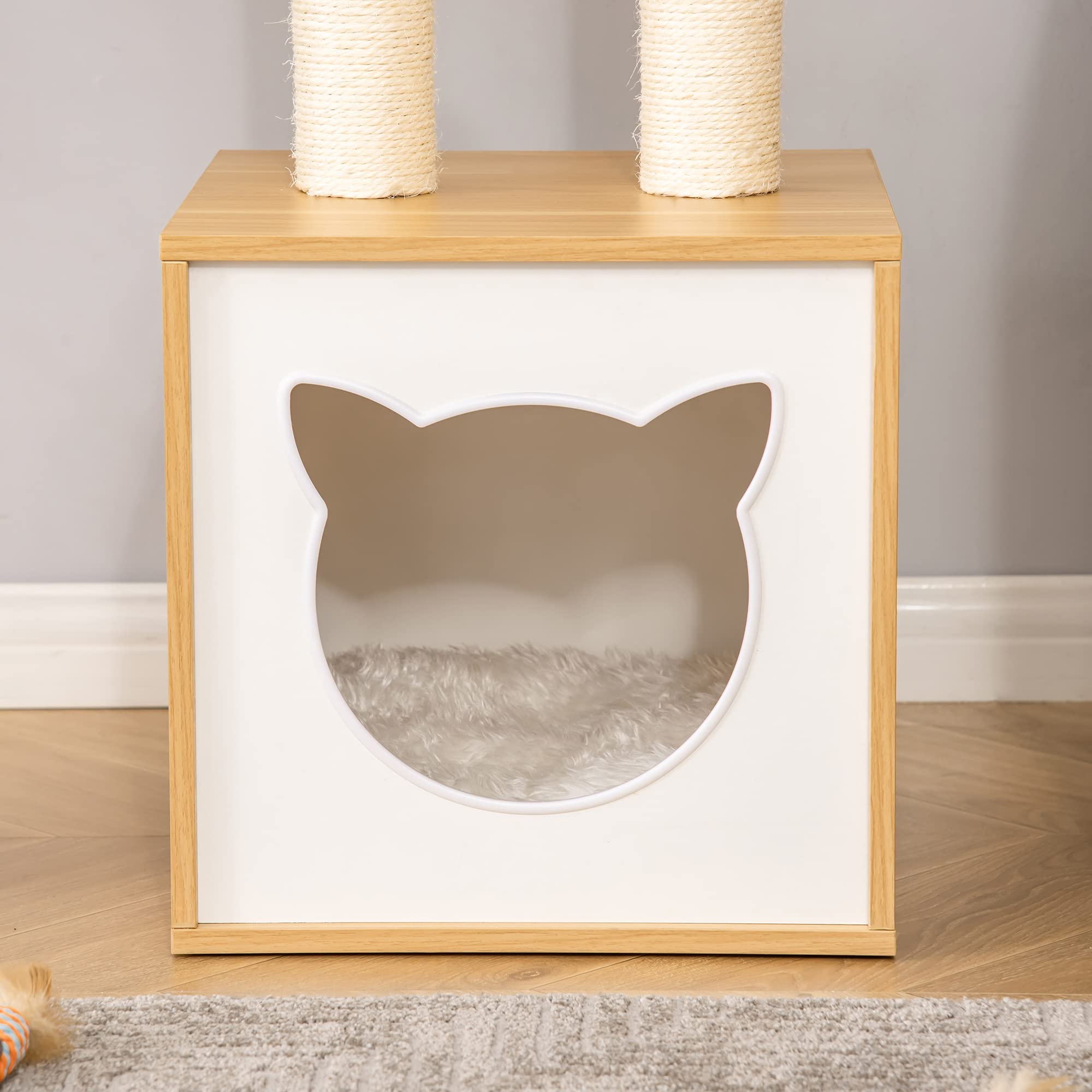 PawHut Casetta per Gatti con Pali Tiragraffi in Sisal, Cuccia e Lettino con Cuscini Lavabili e Pallina, 35x35x81cm, Rovere