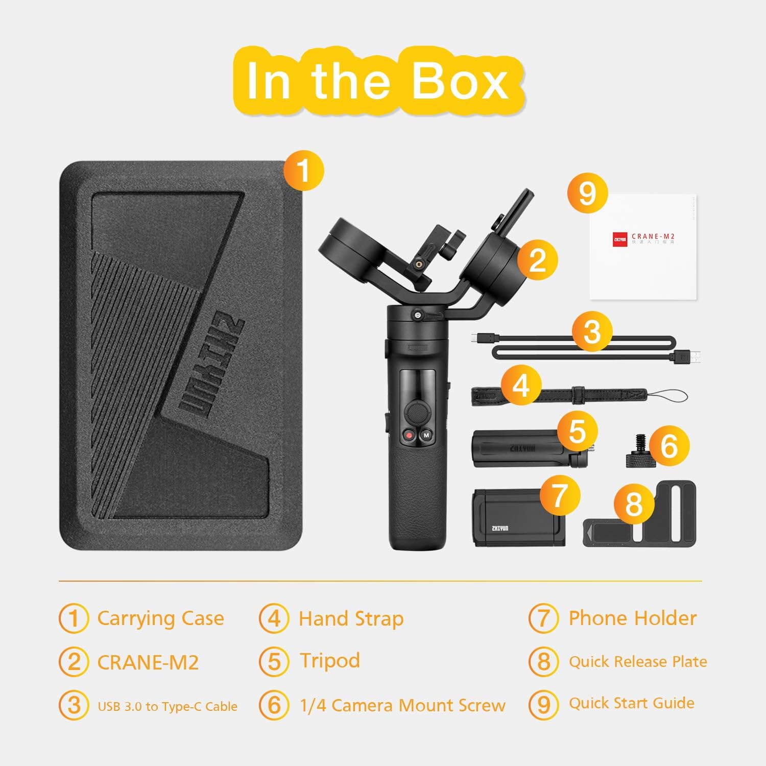 Contents of the ZHIYUN Crane M2 retail box