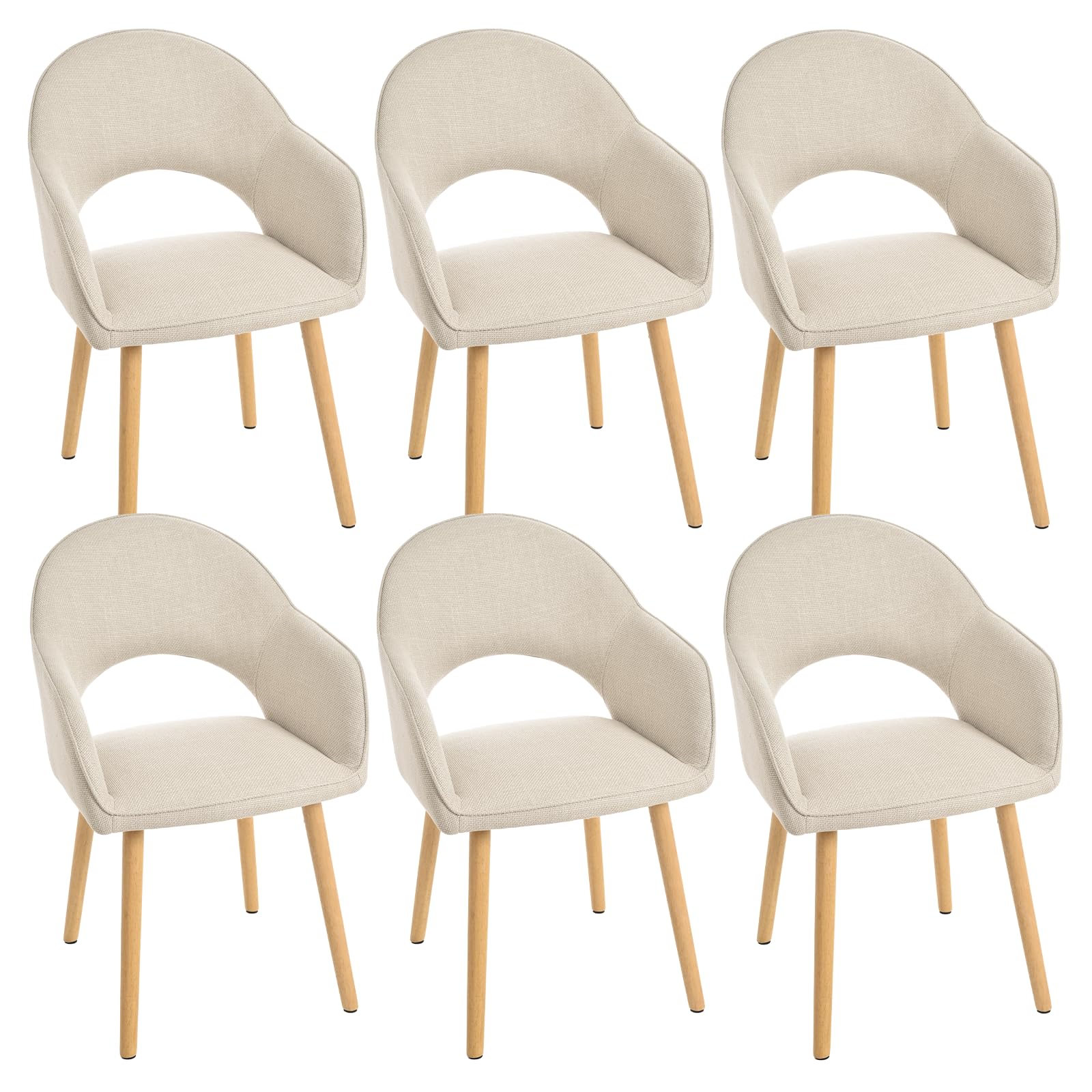 Lot de 6 Chaises Salle à Manger avec Accoudoirs,Fauteuils de Salle à Manger Rembourrés,Chaises de Cuisine avec Pieds en Bois pour Salon,Bureau,Beige