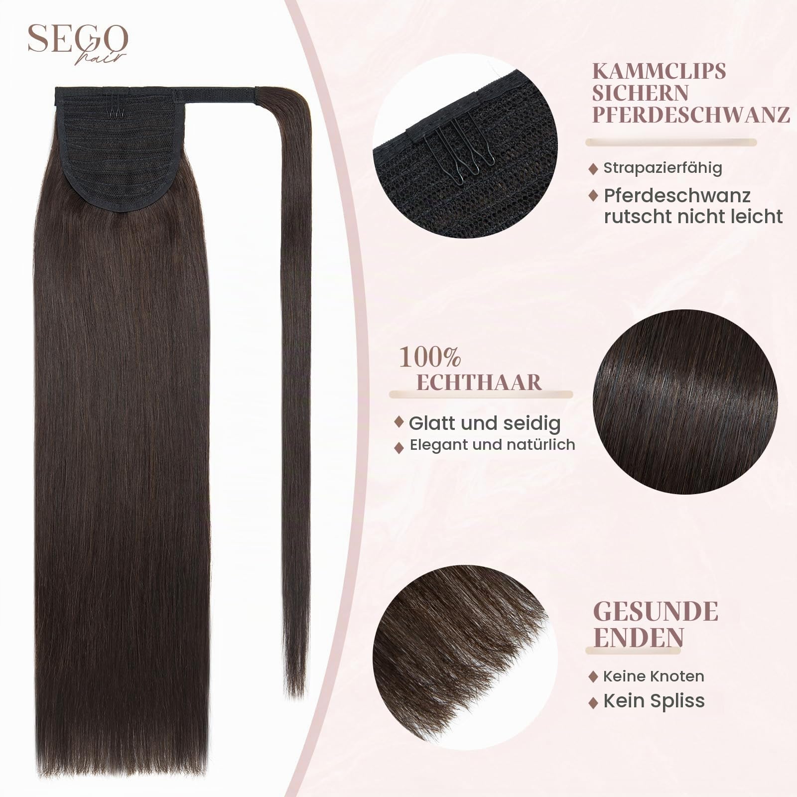SEGOHAIR Pferdeschwanz Haarteil Echthaar Extensions Zopf 20"(50cm) Clip in Extensions Echthaar Lang Glatt Echte Haare Extensions Echthaar Remy Dunkelstes -95g