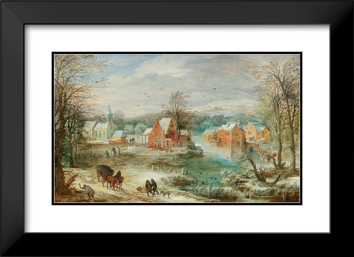 ArtDirect Joos de Momper 24x16 Black Modern Frame and Double Matted Museum Art Print Titled - A Winter Landscape with a Village and Travellers on a Path
