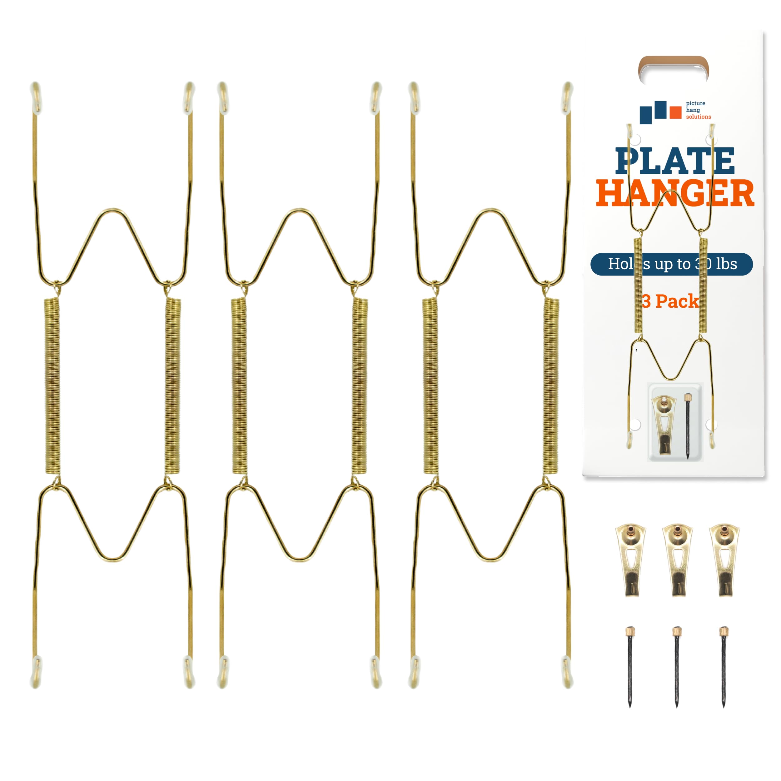 PHS - Plate Hangers for the Wall - Decorative Plate Holder Set for 7-8 Inch Plates - 3 Pack Stainless Steel Wall Plate Holder with Brass Hooks and Nails - Display Hanging Kit for Home Decor