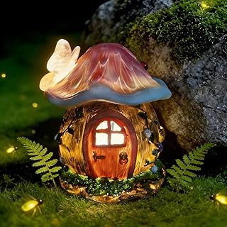 Mushroom Fairy House Garden Statue Outdoor Figurine with Solar Light,Fai...