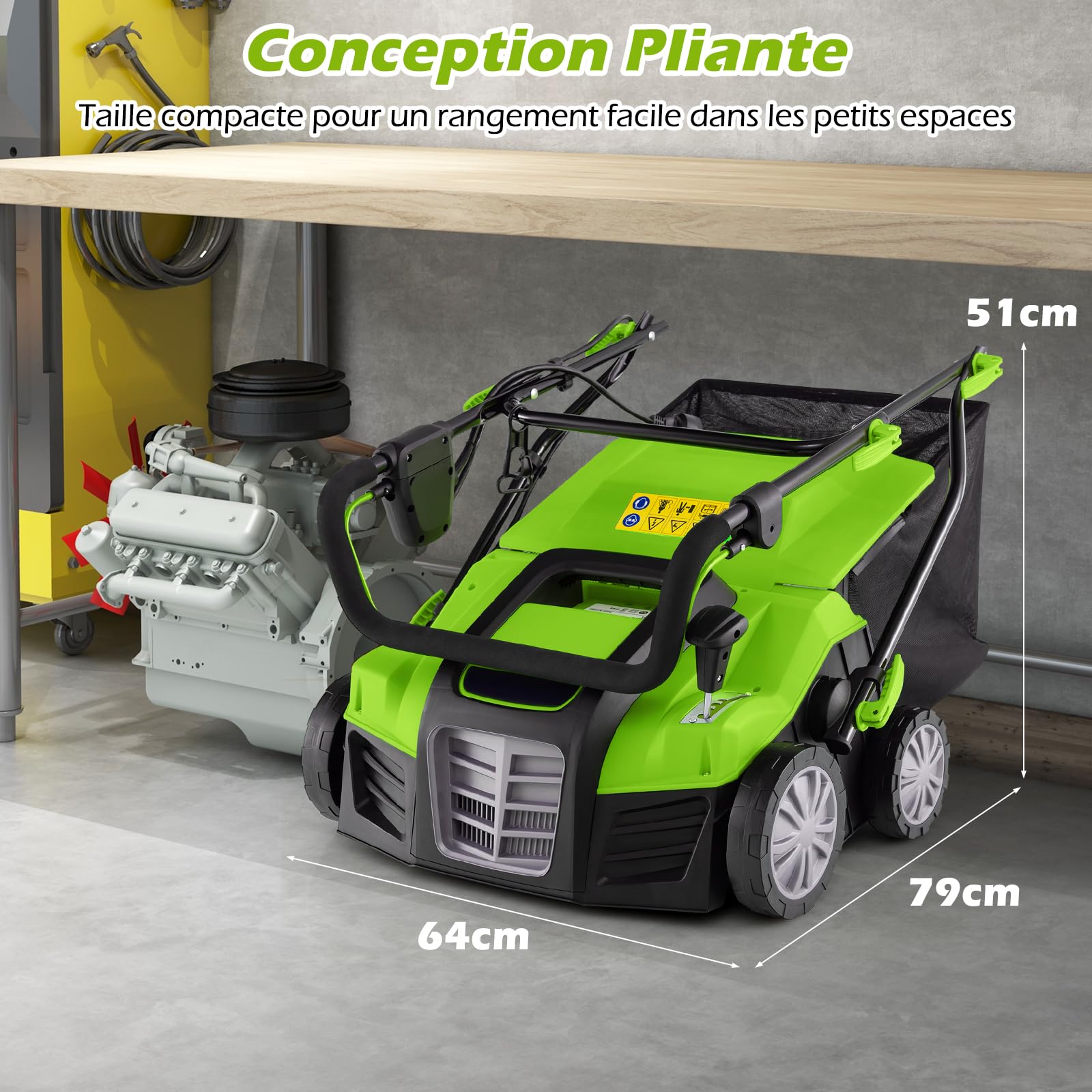 RELAX4LlFE 2-EN-1 Scarificateur Aérateur Électrique 2000W jusqu'a 400m2 avec Bac de Ramassage 55L, Profondeur&Hauteur Reglable, Verrou de securite pour Gazon Sol (Vert, 55L-2000W)