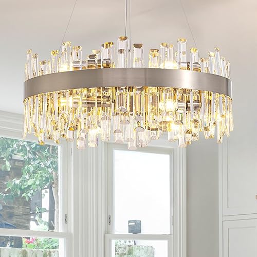 Miniatura 12 de Siljoy Candelabro moderno de cristal de 12 luces de oro cepillado de 2 niveles con forma de gota de lluvia de cristal, ajustable, montaje al ras