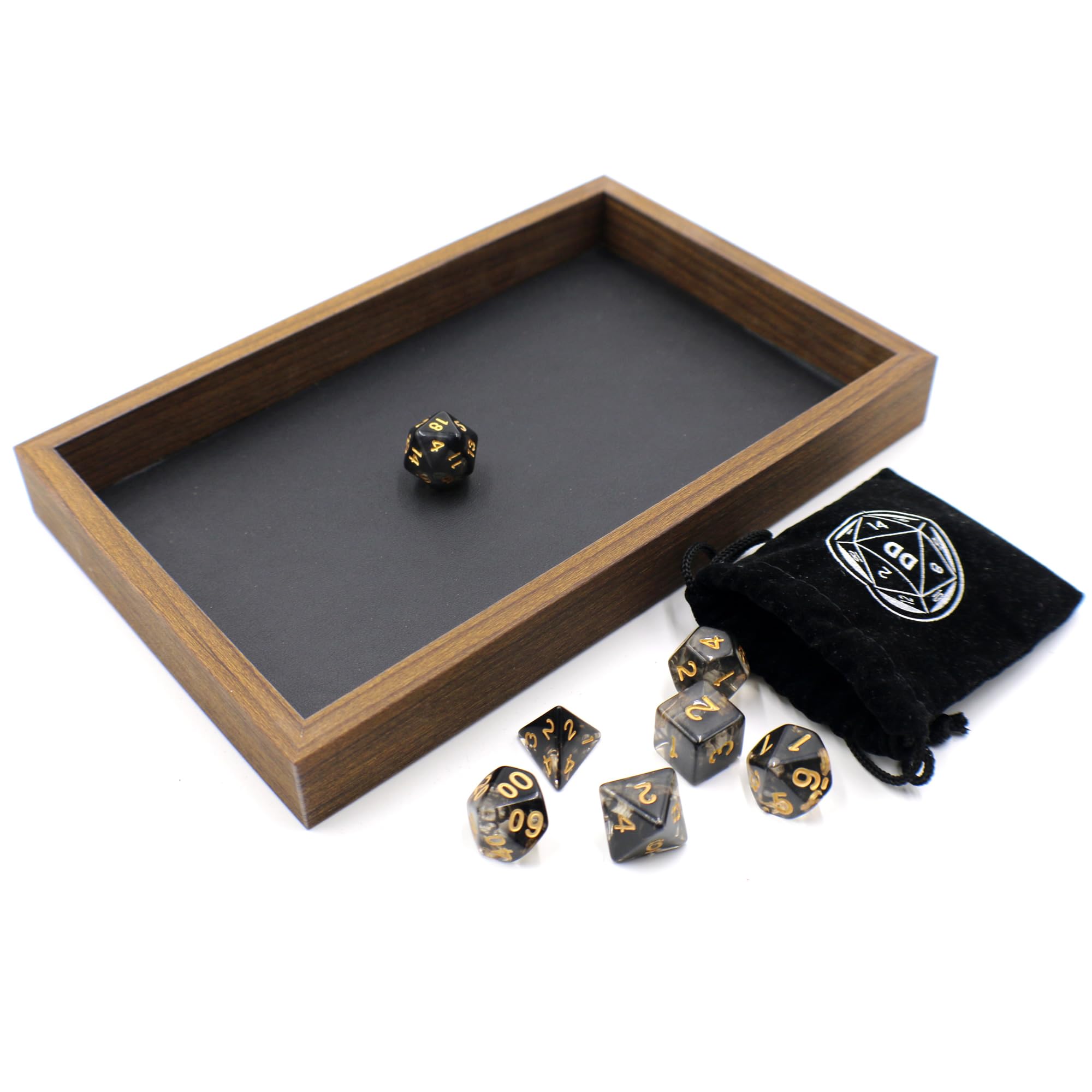 Wooden Dice Tray with Premium Walnut Frame and Matching D&D Dice Set - Tabletop Gaming Accessory (Black)