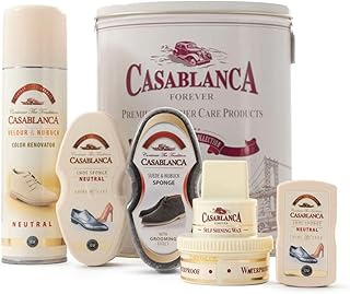 مجموعة صندوق هدايا للعناية الخاصة من الجلد من كازابلانكا - مجموعة العناية بالأحذية الكل في واحد للجلد والشمواه والنوباك - تتضمن بخاخ تجديد واسفنجات وشمع ذاتي اللمعان - للجنسين - تباع بواسطة: متجر
