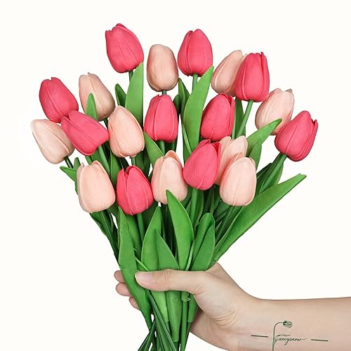 20Pcs Magenta and Light Pink Tulips Artificial Flowers Real Touch