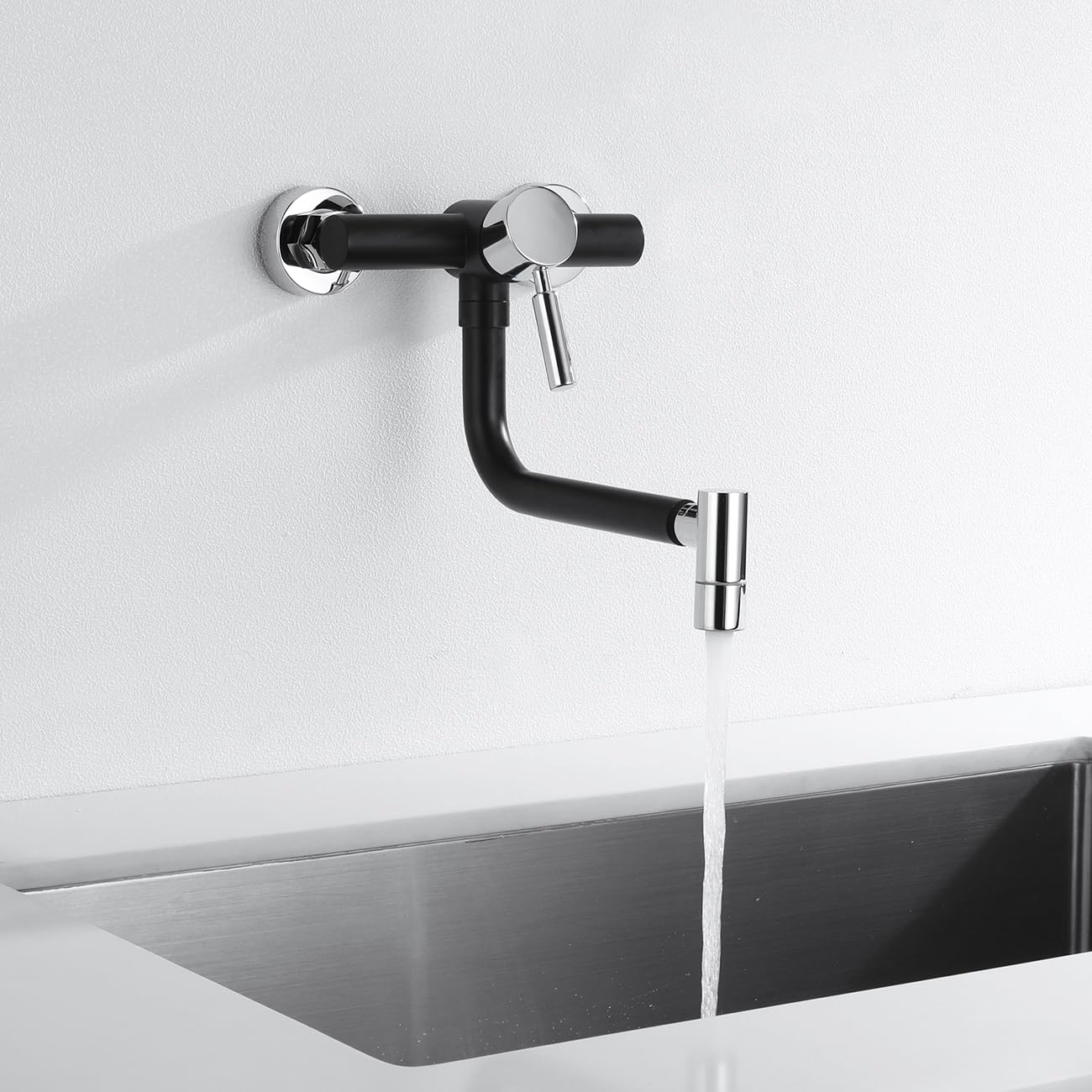 Grifo Cocina de Pared 15cm con 2 Opciones de Montaje y 2 Modes | Mezclador Negro de Fregadero Rotación de 360°, Grifería con Caño Giratorio 360°, Acero Inoxidable, Aireador Extraíble