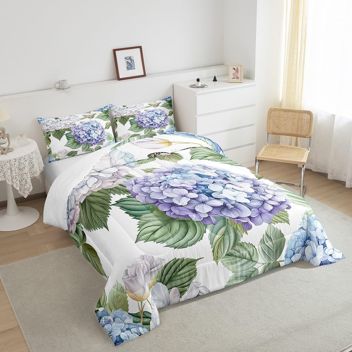 Castle Fairy Hydrangea Bedding Set Queen Size 3 Pcs,3D Blooming Flowers Garden Plants Comforter Set for Kids Girls Women,Wild Butterfly Watercolor Gradient Floral Quilted Comforter with 2 Pillowcases