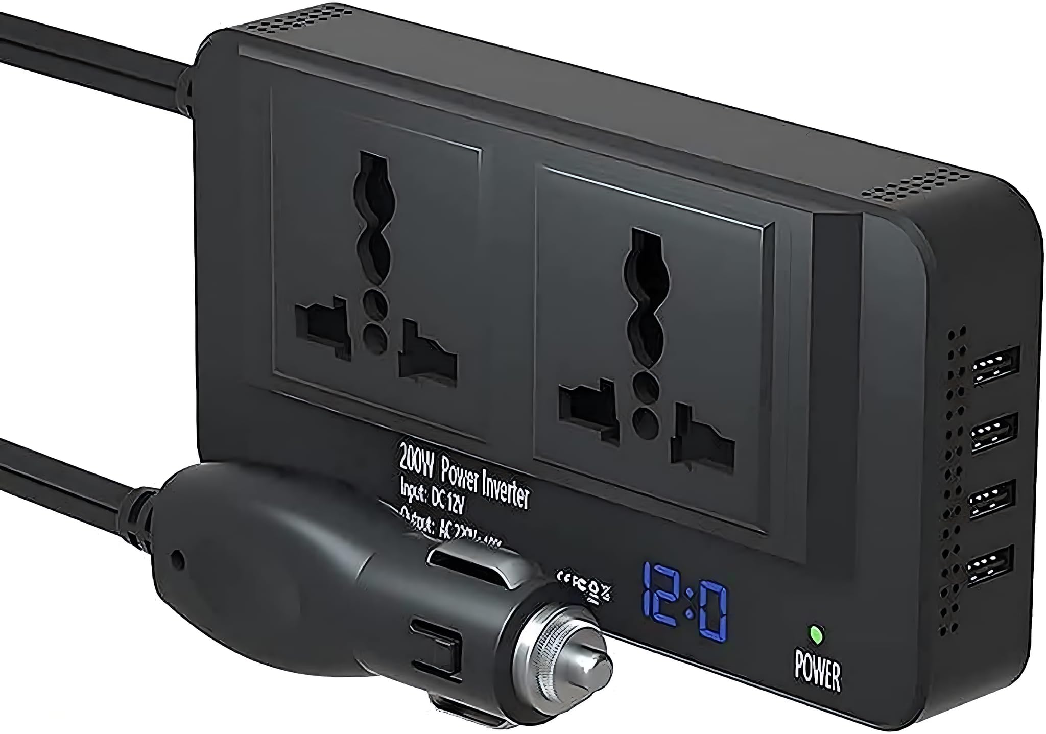 PRITZKER 200W Car Power Inverter DC 12V to 220V AC, 4 USB Ports Charger, Black, 1 Pack