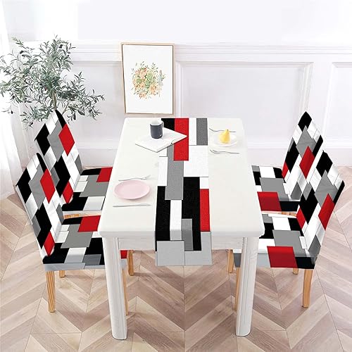 MCALK Juego de 4 fundas rojas para sillas y camino de mesa, fundas elásticas rojas para sillas de cocina, protector de silla extraíble lavable y