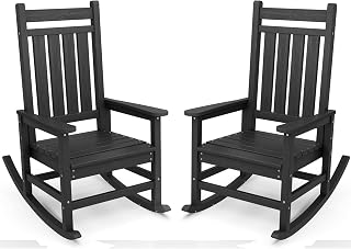 SERWALL HDPE Outdoor Rocking Chair Set of 2 for Adults, Weatherproof Patio Rockers with Ergonomic Design, Black, 350 lbs Capacity