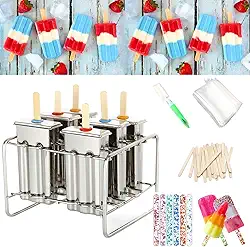 Conjunto de 6 kits de moldes de picolé de aço inoxidável, máquina de fazer petiscos de gelo caseiros com 50 palitos de madeira e 6 selos de silicone e 20 sacos pop, escova de limpeza (quadrada)
