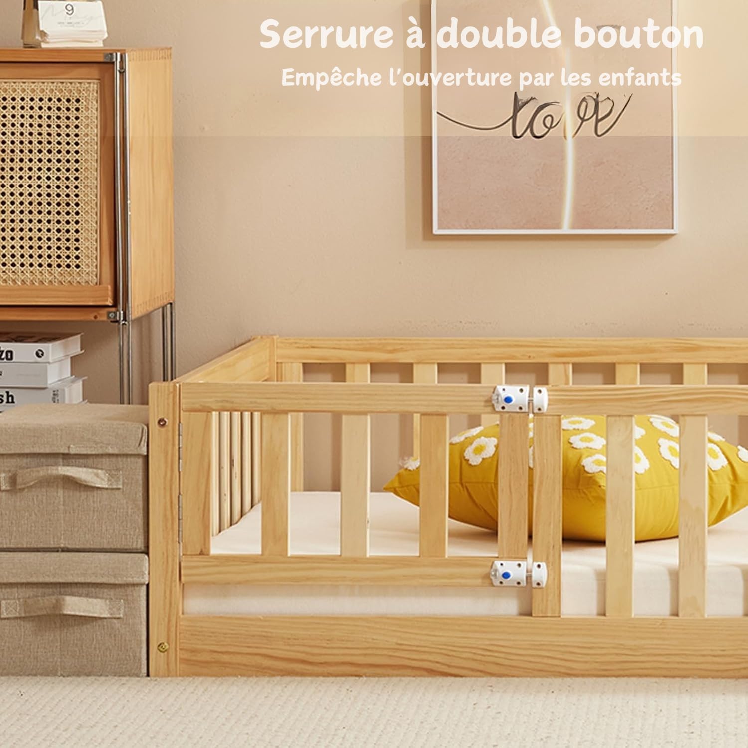 Montessori Lit d'enfant Lit au Sol 140x200 cm - Bois Massif avec Porte et Barrière Sécurisée - 12 Lattes Renforcées, Garde-Corps Intégré - pour Enfants et Bébés (Couleur Naturelle)
